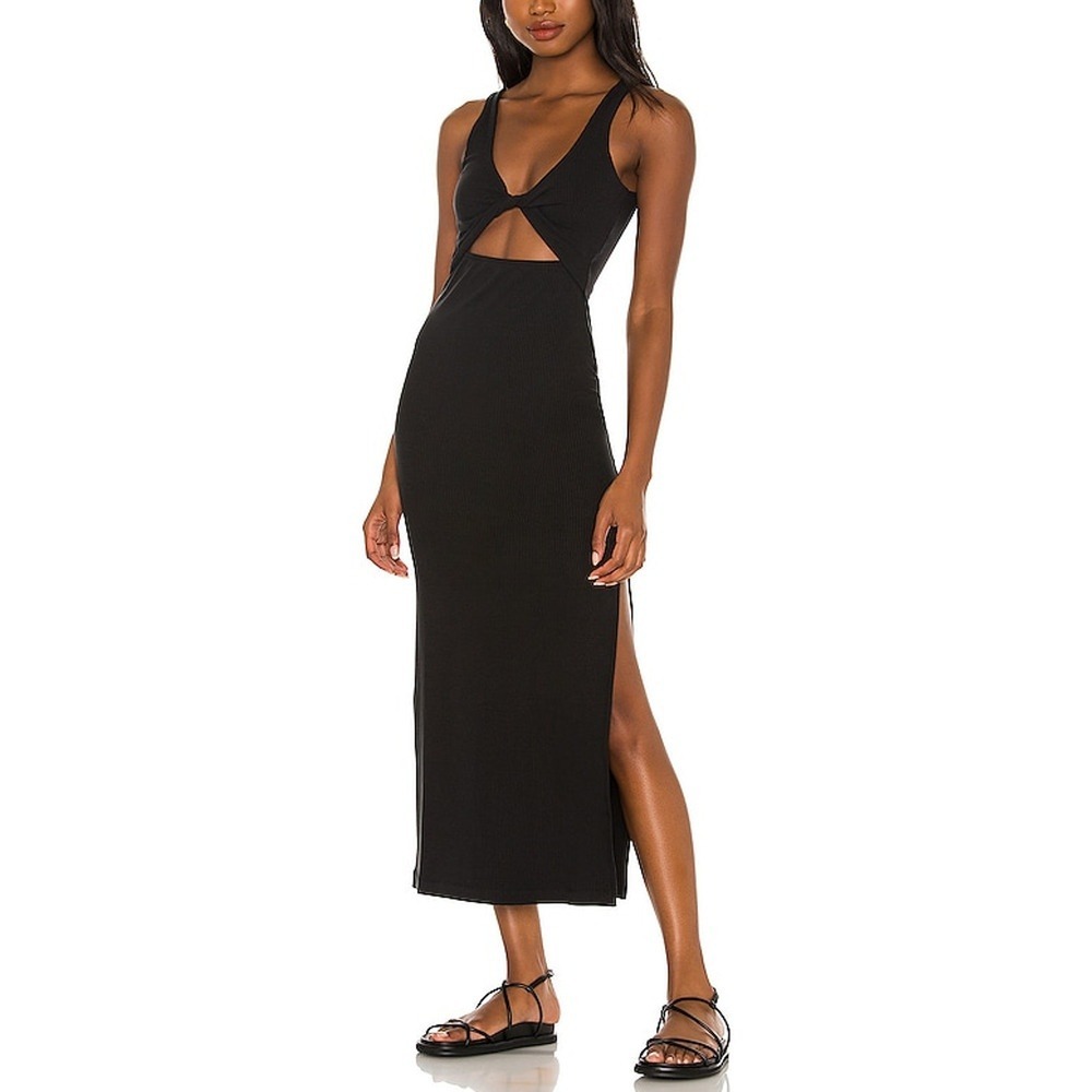 L*Space Nico Ribbed Twist Front Cutout Maxi Dress Womens Medium Black Slit